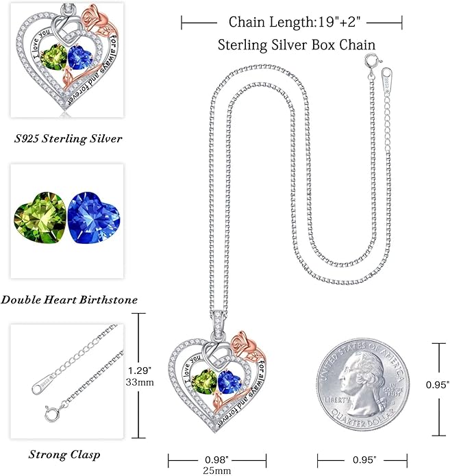 Iefil Valentines Day Gifts for Her - 925 Sterling Silver Double Birthstone Necklace, Anniversary Birthday Gifts for Women, Jewelry Gift for Wife Girlfriend Mom Her