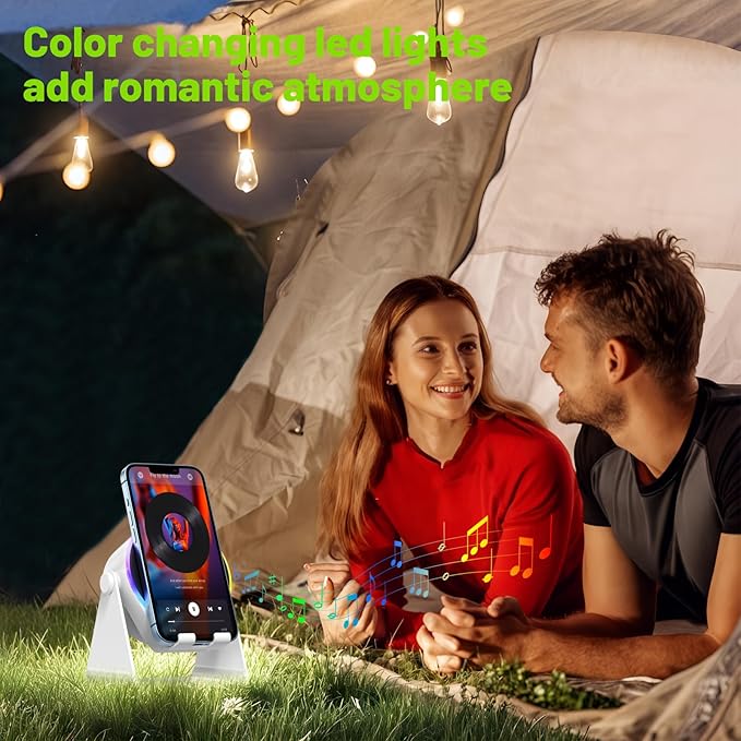 Wireless Induction Audio Bluetooth Speaker, 4 in 1 Phone Stand Speakers Amplifier with Colorful Ambient Light,360° Adjustable Holder for Tablet iPhone Android, Gifts for Men Women Teens-White