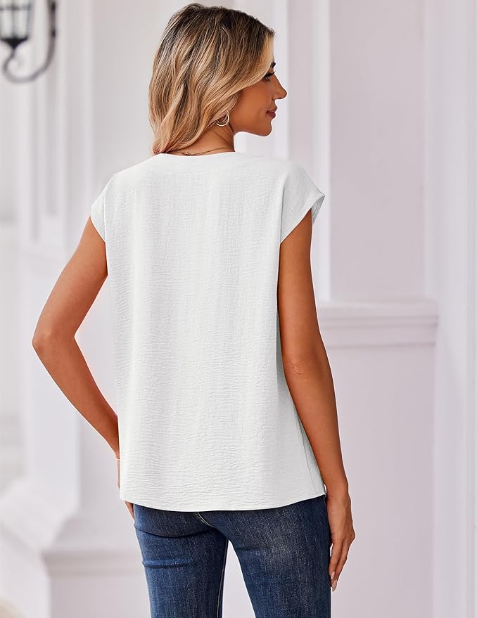 Zeagoo Womens Tops Cap Short Sleeve Textured Blouse V Neck Summer Spring Shirts Business Casual Outfits