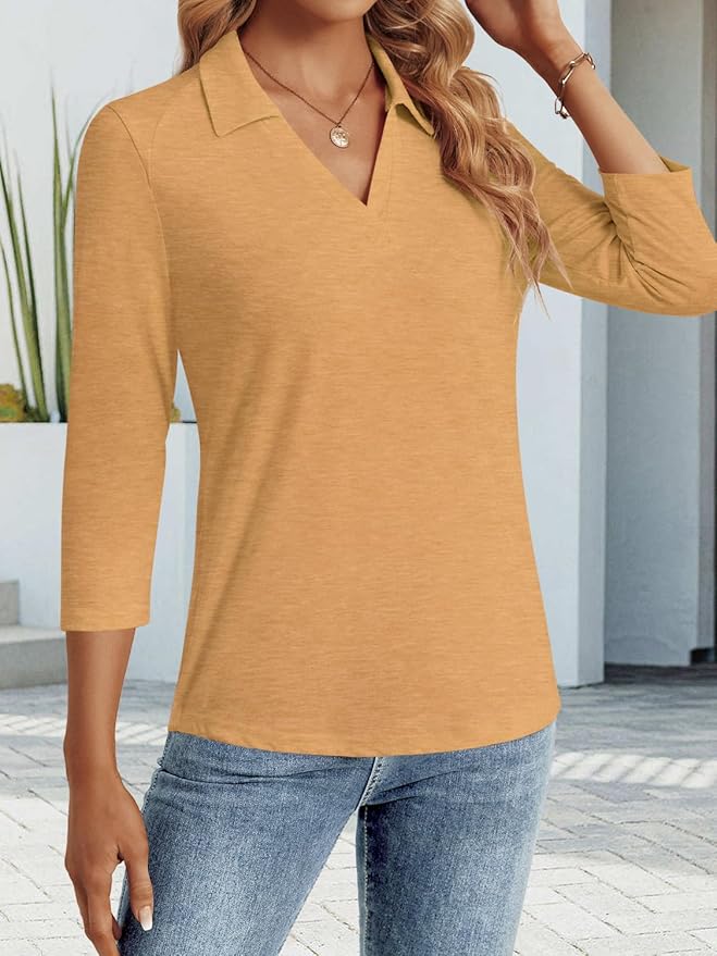3/4 Length Sleeve Womens Tops Dressy Casual V Neck Polo Shirts Business Work Blouses 2025 Trendy Tunic Top