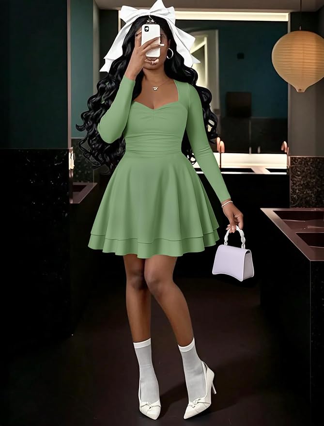 IWD Women's Square Neck Long Sleeve Mini Dress Ruched Corset Waist Tiered Ruffle Hem A Line Short Party Dresses