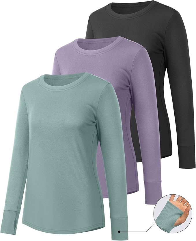 Huukeay 3 Pack Women's Long Sleeve Shirts with Thumb Holes, Cotton Casual Crew Neck Tunic Tops Fall Loose Y2k Trendy Outfits