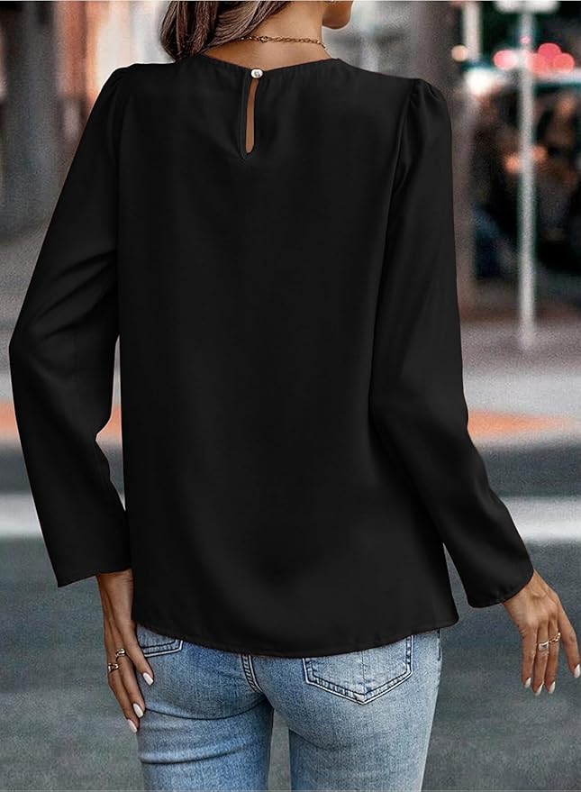 Samefar Womens Tops Dressy Casual Pleated Crew Neck Long Sleeve Shirts Office Work Chiffon Blouses