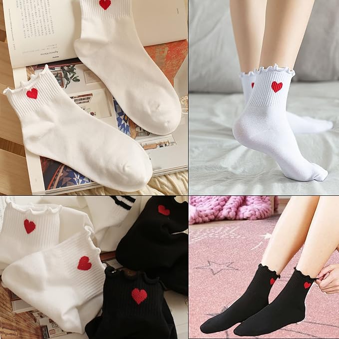 CHUNFO Cute Heart White Red Ankle Women Socks Frilly Fun Bear Pattern Long Crew Novelty Aesthetic Girls Sock 4 & More Pairs