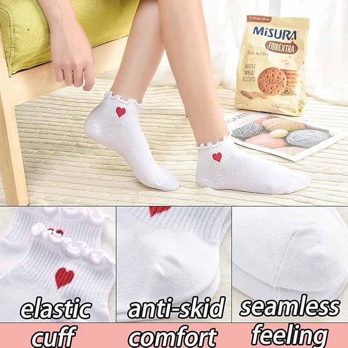 CHUNFO Cute Heart White Red Ankle Women Socks Frilly Fun Bear Pattern Long Crew Novelty Aesthetic Girls Sock 4 & More Pairs