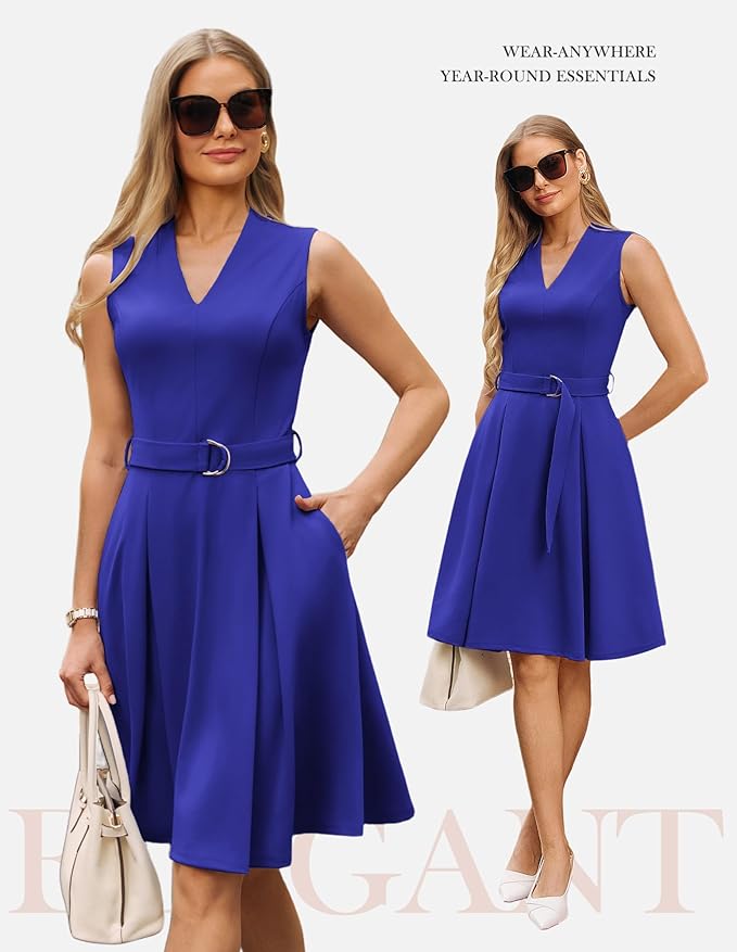 GRACE KARIN Work Dresses for Women 2026 V Neck Fit and Flare Midi Dresses Office Business Dress with Belt and Pockets