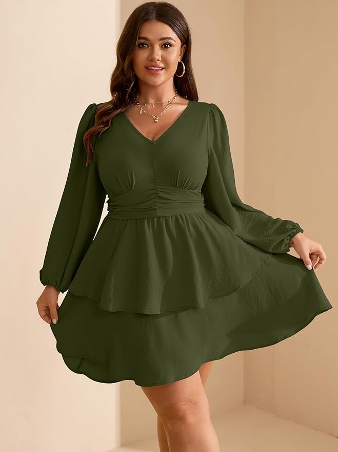 RWJ Plus Size Dresses for Curvy Women V Neck Long Sleeve Elastic Waist Fall Wedding Guest Layer Casual Mini Dress