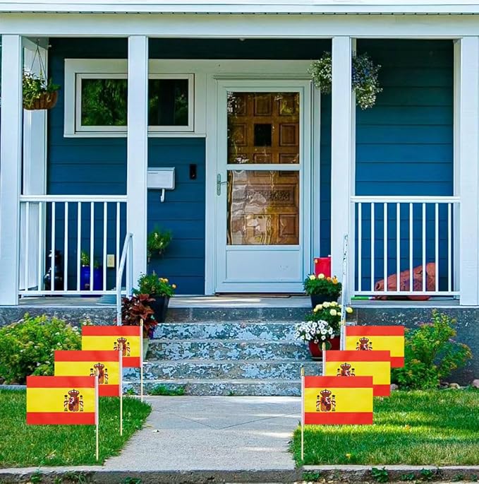 GSYLPFT 12 Pack Spanish Flags on Sticks Spain Small Mini Hand Held Flags for Office Classroom Holiday Party Decorations