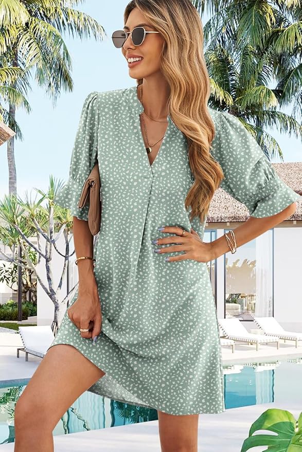 QACOHU Summer Dresses for Women V Neck Ruffle Short Sleeve Casual Shift Dress