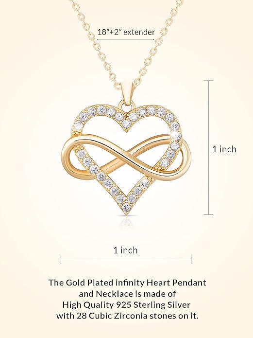 Sash & Soph Infinity Heart Necklace for Women. 925 Sterling Silver Heart Necklace for Girlfriend, Love Heart Pendant on 18" Chain with 2" Extender (Rose Gold or Gold Plated)