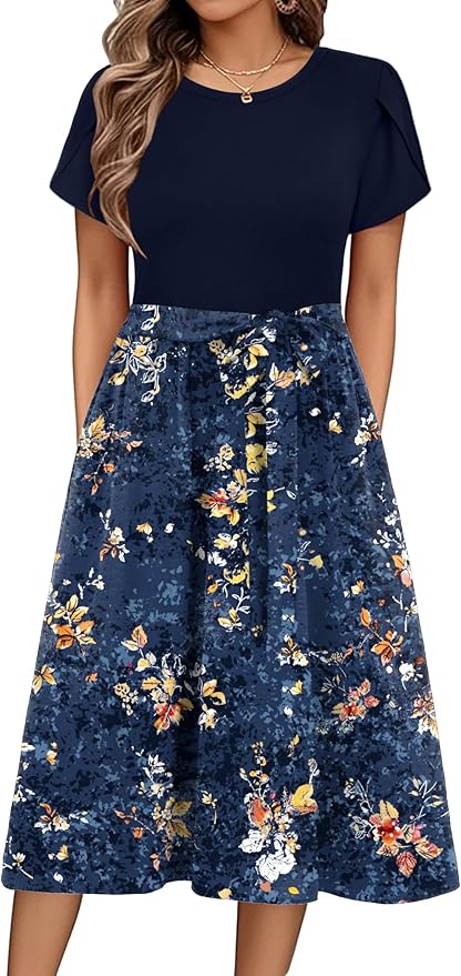 Zeagoo Womens Midi Dress Summer Short Sleeve Dress with Pockets 2025 Casual Floral T-Shirt Dress Flowy Beach Sundress