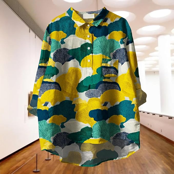 Womens Boho Tops 3/4 Long Sleeve Floral Blouses Hawaii Beach Button Down Shirts V Neck Pullover Casual Tunics
