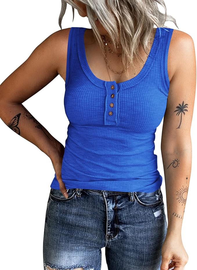 KINLONSAIR Women's Sleeveless Henley Tank Tops Ribbed V Neck Button Down T Shirts Summer Slim Fit Tee Tops