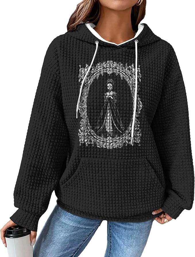 domirica Black Pullover Sweatshirts For Women Trendy Long Sleeve Waffle Sweatshirt With Hood Comfy Fall Clothing Qutfits
