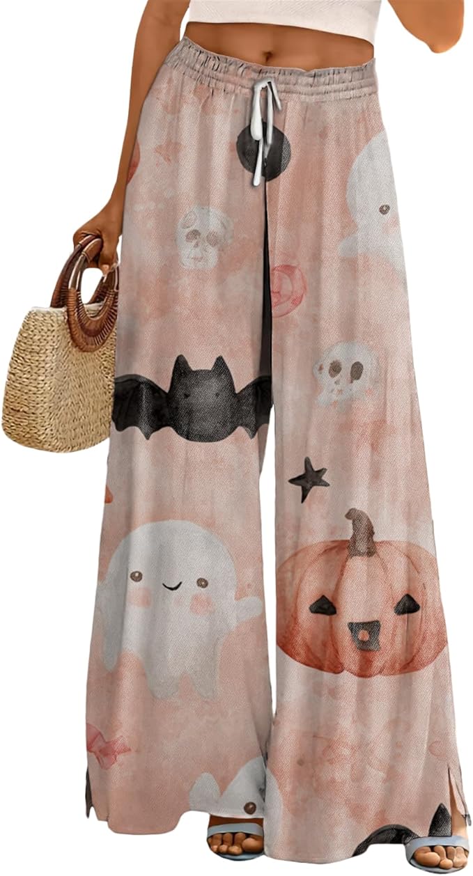 domirica Halloween Pants Women Drawstring Elastic Waist Wide Leg Pants Ladies Pumpkin Ghost Pajama Vintage Street Wear
