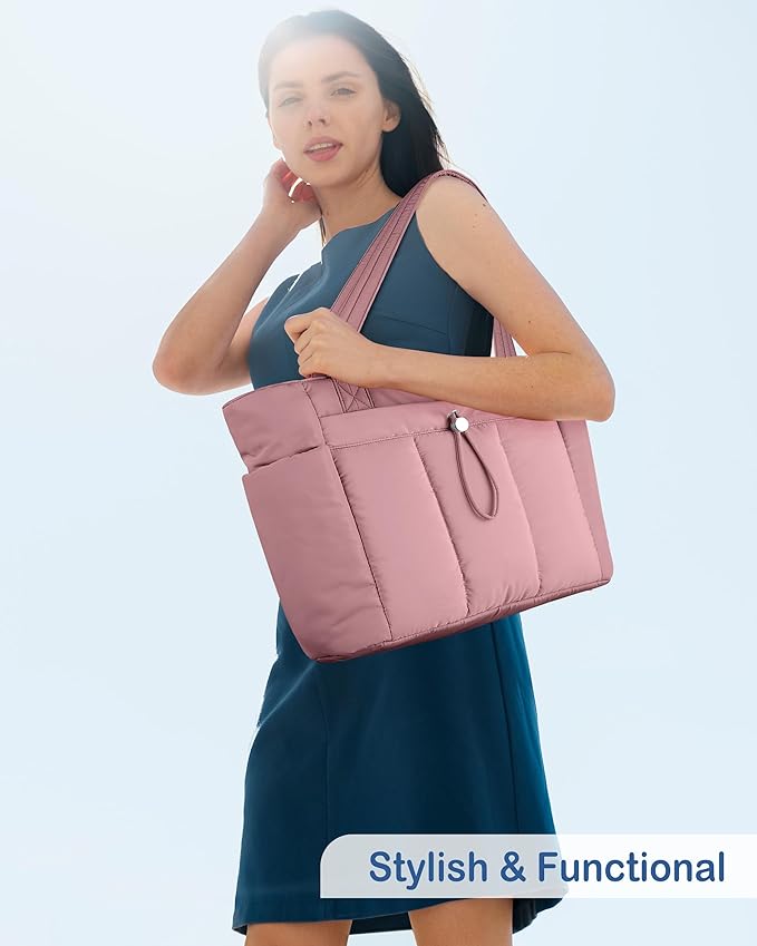 TOPDesign Puffy Tote Bag for Women with Cup Holder & Laptop Compartment & Cosmetic Bag & Trolley Sleeve for Work, Travel