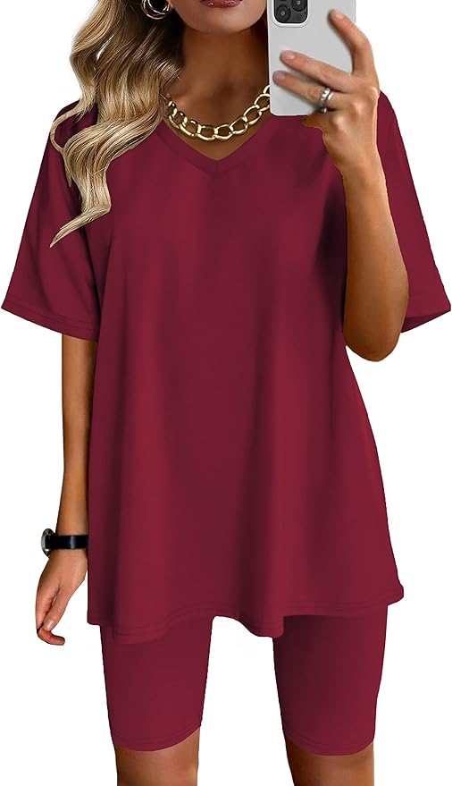 AGSEEM Two Piece Outfits For Women Summer V Neck T-Shirt Tops Biker Shorts Workout Sports Tracksuit