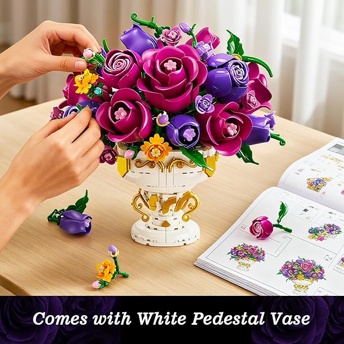 PLAXSOON Purple Rose Flower Building Set with Vase, 969 PCS Botanicals Flowers Bouquet Building Block Kit, 18 Roses Bonsai Collection Home Decor, Valentine's Day Gift for Adults Women Boys Girls 12+