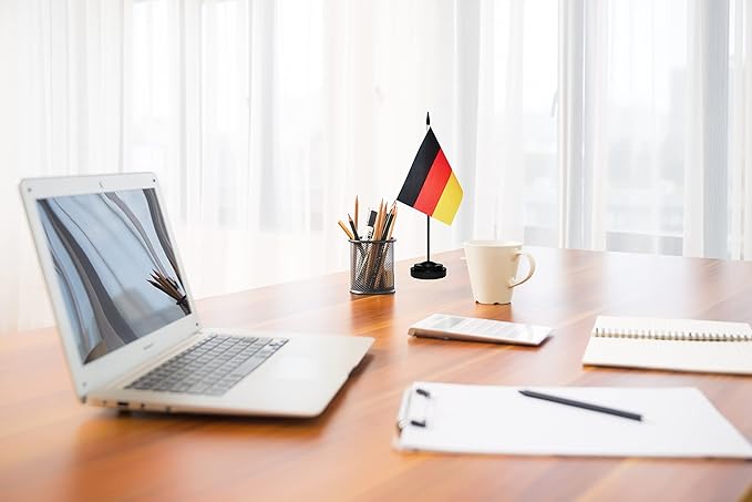 USA & Germany Desk Flag - Small Mini American & German Twin Table Office Flag, 13" Black Pole & Base