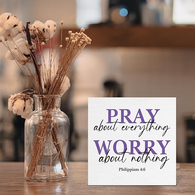 Purple Desk Decor, Christian Gifts for Women Friends, Pray About Everything Worry About Nothing Wood Sign for Home Office Prayer Room Decor