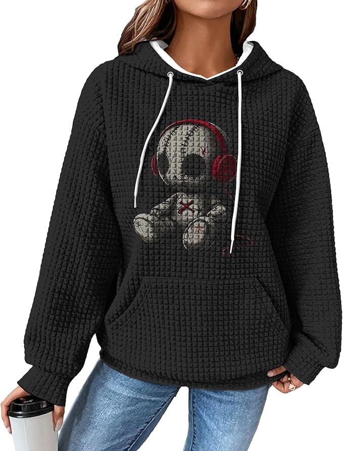 domirica Black Pullover Sweatshirts For Women Trendy Long Sleeve Waffle Sweatshirt With Hood Comfy Fall Clothing Qutfits