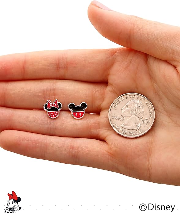 Disney Mismatched Mickey And Minnie Mouse Earrings for Official License, Silver-Plated Minnie and Mickey Stud Earrings