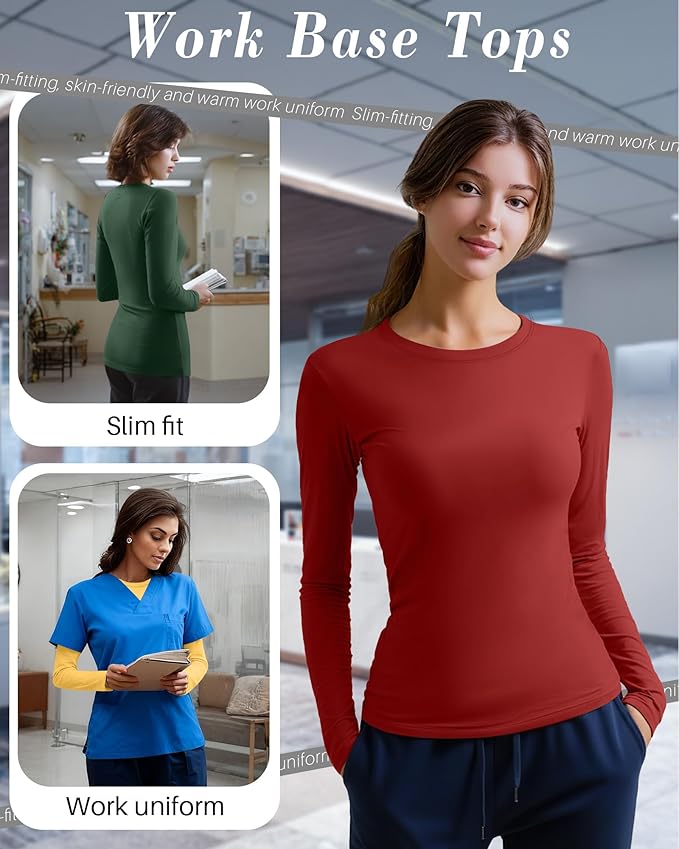 4 Pack Women's Underscrub Shirts Nurse Undershirts Long Sleeve Crewneck Slim Fit Tops Soft Stretchy Basic Tee