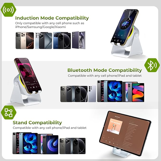 Wireless Induction Audio Bluetooth Speaker, 4 in 1 Phone Stand Speakers Amplifier with Colorful Ambient Light,360° Adjustable Holder for Tablet iPhone Android, Gifts for Men Women Teens-White