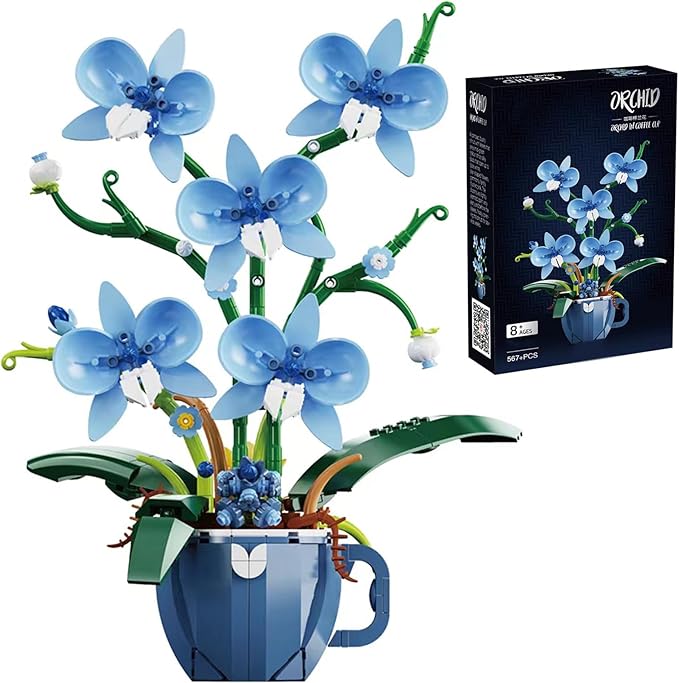 iixeal Blue Orchid Flower Building Set for Adults, Coffee Cup Orchid Botanical Collection Plant Building Kit, Home and Office Decor Gift for Christmas Day, Valentines, Birthday 567pcs