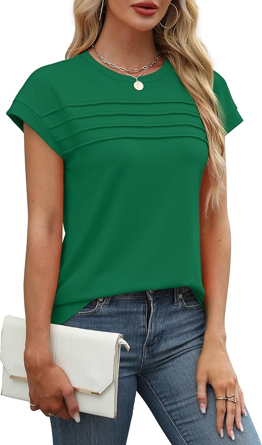 WEESO Womens Summer Tops Trendy 2026 Cap Sleeve T Shirts Crew Neck Pleated Front Beach Vacation Clothes Fashion