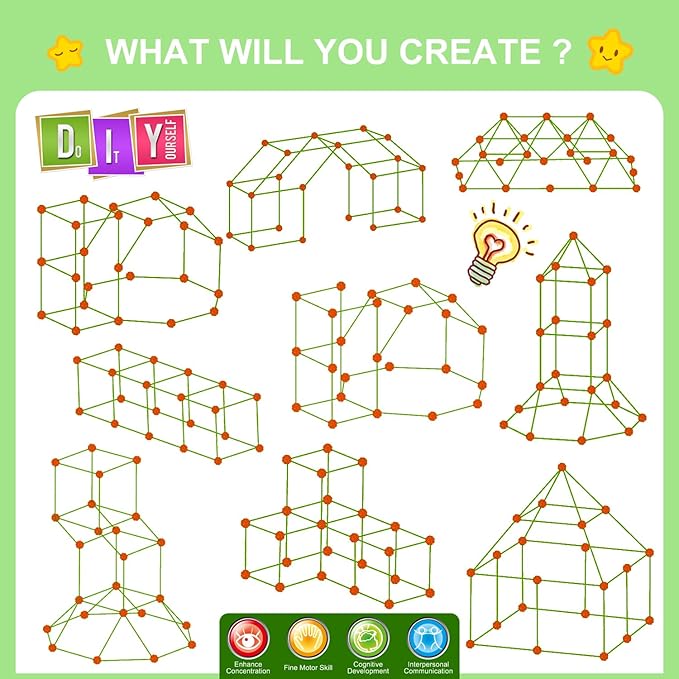 Fort Building Kit for Kids,STEM Construction Toys, Educational Gift for 3 4 5 6 7 8 9 10 11 12 Years Old Boys and Girls,Ultimate Creative Set for Indoor & Outdoors Activity,140 Pcs,Orange