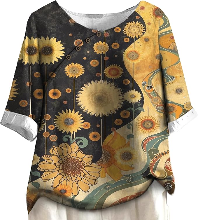 Women's Shirts Dressy Casual Asymmetric Side Button Down Design Tops Summer Loose Fit Crewneck Graphic Tees