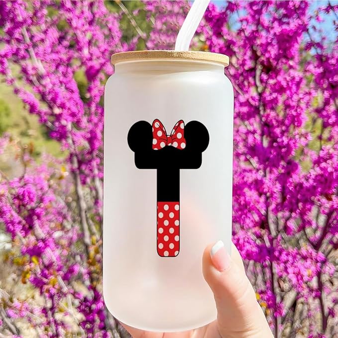 Cute Cartoon Mouse Lover Gifts Initial A-Z Personalized Iced Coffee Cup Magic Mouse Stuff Wizard Gift 16oz Glass Cup with Lid and Straws Birthday Christmas Gifts for Women Teen Girls (Letter T)