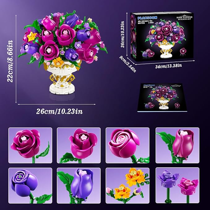 PLAXSOON Purple Rose Flower Building Set with Vase, 969 PCS Botanicals Flowers Bouquet Building Block Kit, 18 Roses Bonsai Collection Home Decor, Valentine's Day Gift for Adults Women Boys Girls 12+