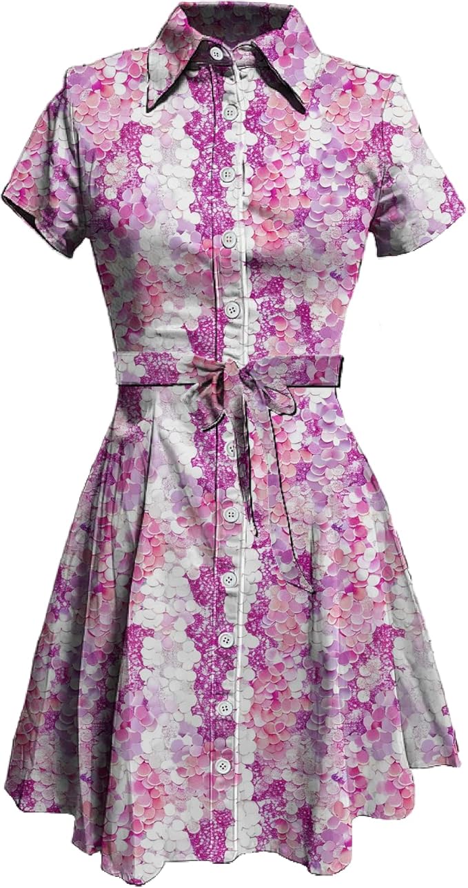 MARSVOVO Vintage Retro Shirt Dress for Women Short Sleeve Button Down Tie Waist Elegant Smocked Knee Length Dress