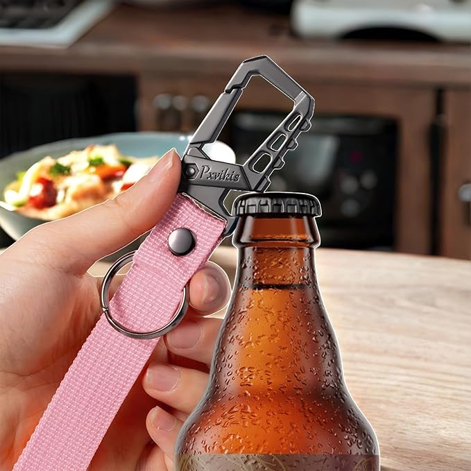 Pxvikis Metal heavy duty key chain carabiner clip bottle opener wrist lanyard ring car key fob unisex for men and women