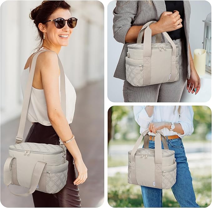 NOL Natural Organic Lifestyle Women's Nylon Lunch Cooler Cute Quilted Lunch Bag Large Leakproof Insulated Lunch Tote Bag for Work Picnic Travel,Khaki