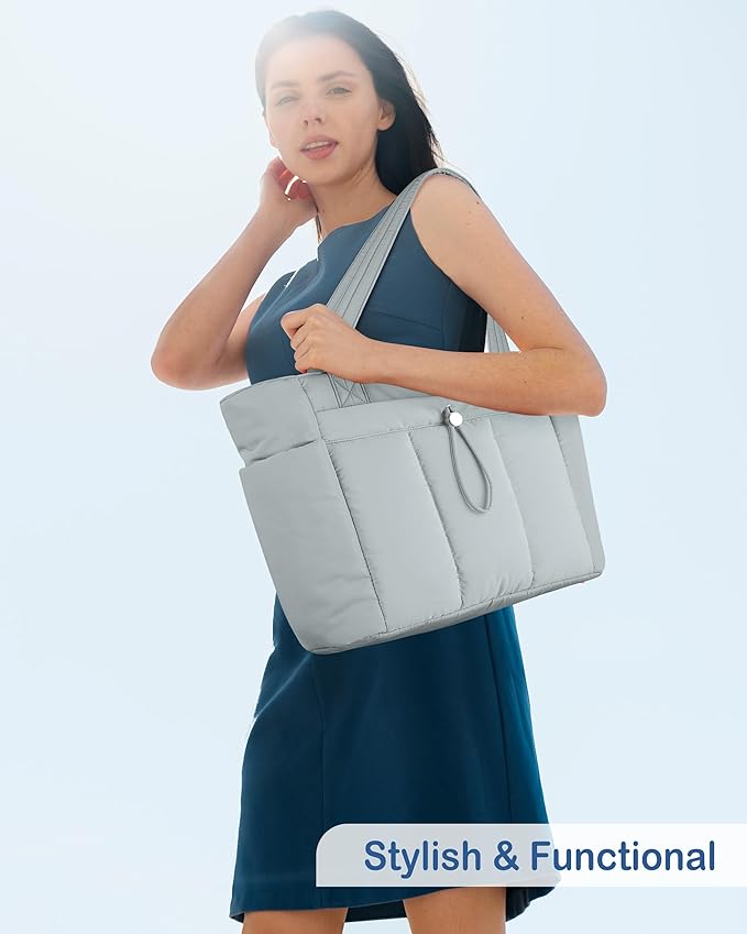 TOPDesign Puffy Tote Bag for Women with Cup Holder & Laptop Compartment & Cosmetic Bag & Trolley Sleeve for Work, Travel