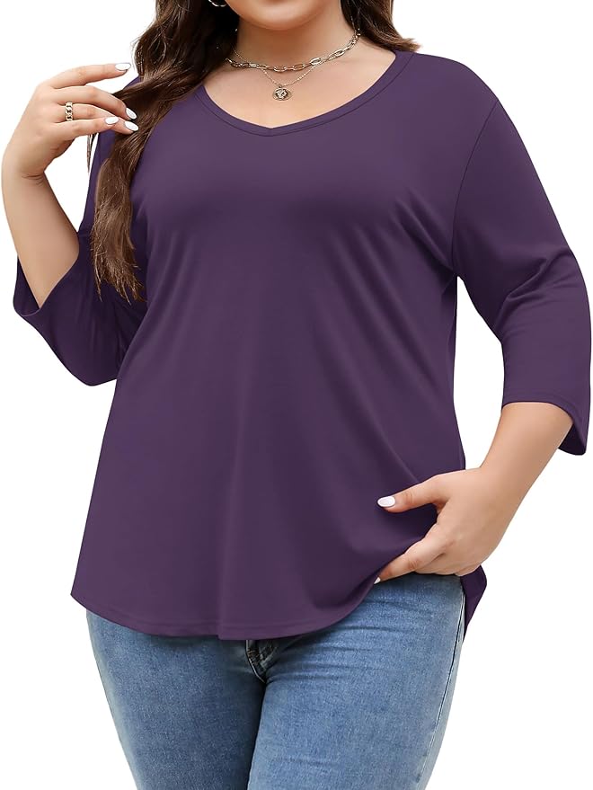 TFSDOD Womens Plus Size Tops V Neck T Shirts 3/4 Sleeve Blouse Summer Casual Tees XL-5X