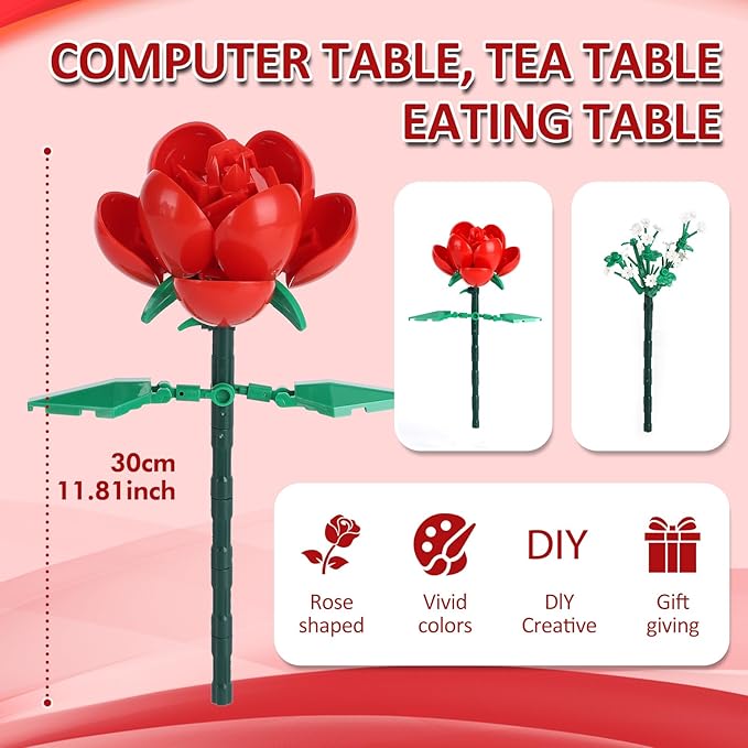 Dexblocks 780 PCS Red Rose Building Flower Bouquet Kit for Adults & Kids, DIY Artificial Flowers Set for Home Decor, Desk Display, Gifts for Women, Girls (Rose)