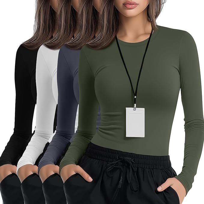 4 Pack Women's Underscrub Shirts Nurse Undershirts Long Sleeve Crewneck Slim Fit Tops Soft Stretchy Basic Tee
