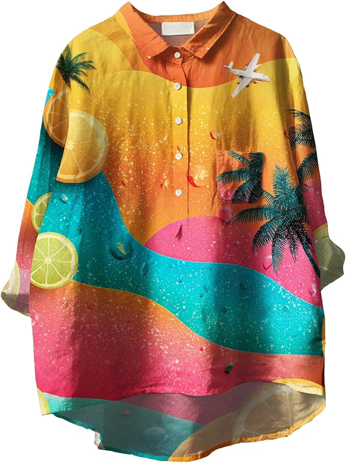 Womens Boho Tops 3/4 Long Sleeve Floral Blouses Hawaii Beach Button Down Shirts V Neck Pullover Casual Tunics