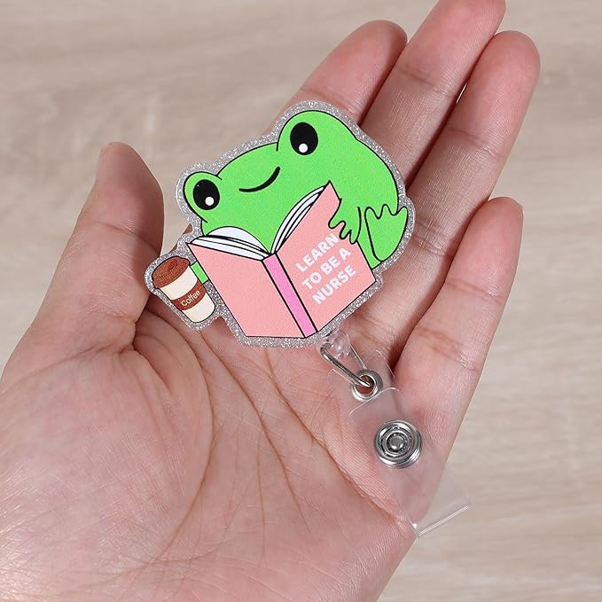 Learn to BE A Nurse Funny Badge Reel, Cute Frog Retractable ID Card Badge Holder, Name Tag Work Badge Clip for RN LPN LVN CNM CNA MA PCA ER Nursing Student Doctor, Nurse Gifts