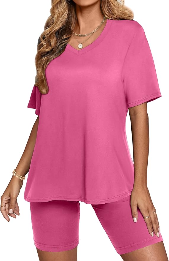 AGSEEM Two Piece Outfits For Women Summer V Neck T-Shirt Tops Biker Shorts Workout Sports Tracksuit