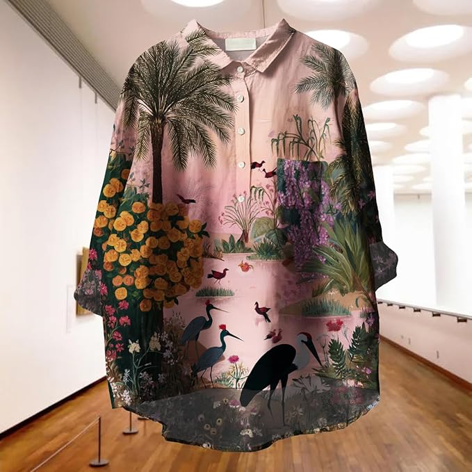 Womens Boho Tops 3/4 Long Sleeve Floral Blouses Hawaii Beach Button Down Shirts V Neck Pullover Casual Tunics