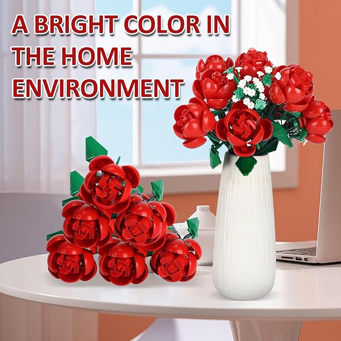 Dexblocks 780 PCS Red Rose Building Flower Bouquet Kit for Adults & Kids, DIY Artificial Flowers Set for Home Decor, Desk Display, Gifts for Women, Girls (Rose)