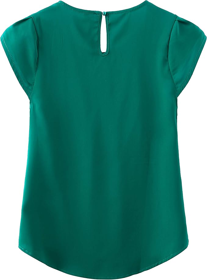 TASAMO Women's Casual Round Neck Basic Pleated Top Cap Sleeve Curved Keyhole Back Chiffon Blouse