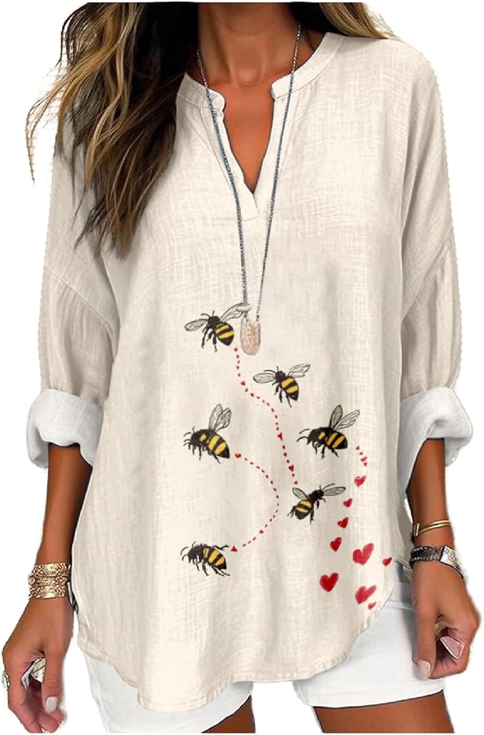MARSVOVO V Neck Shirt For Women Boho Multi Style Blouse Long Sleeve Novelty Graphic Plus Size Pullover Tops For Women