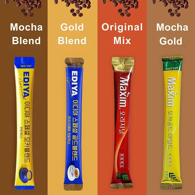 YouMe Yummy Korea Instant Coffee Mix Variety Pack2 (28 Sticks) with 4 different flavors; Maxim Original Coffee Mix, Maxim Mocha Gold, Ediya Gold Blend, Ediya Mocha Blend