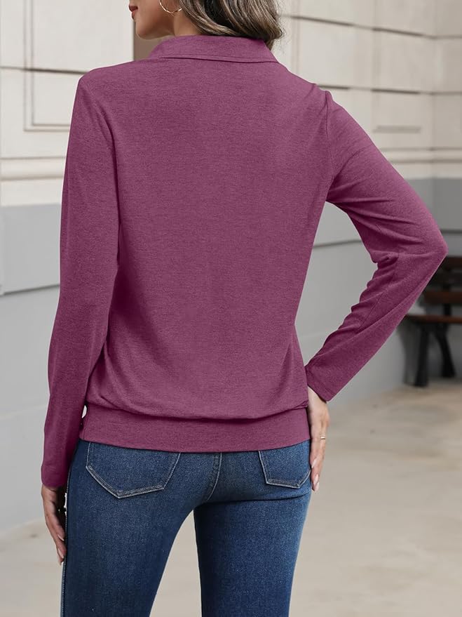 Womens Polo Shirts Long Sleeve Banded Bottom Tops Business Casual Tops Collared V Neck Blouses
